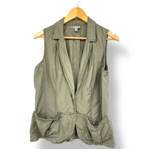 J. Jill Vest Silk Linen Blend Olive Green Single Button w/ Pockets Safari Vest M